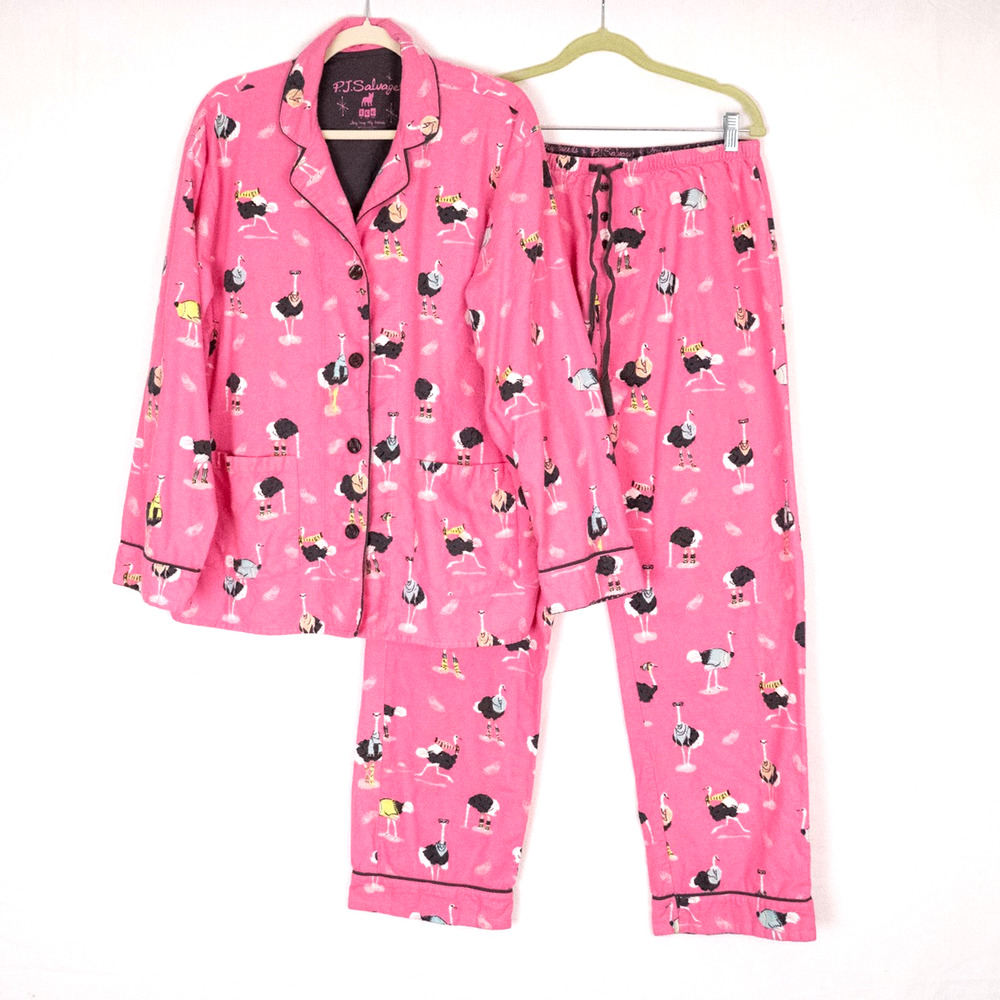 PJ Salvage Cotton Flannel Pajama Set Women's LARGE Pink Ostrich Colorful Whimsy